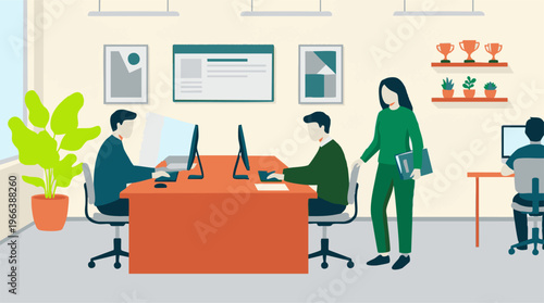 Modern office environment with employees working at computers, flat design
