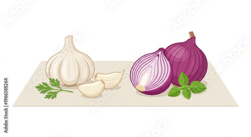 Flat Design Vector of Garlic and Red Onion on Plain Cloth over White Background