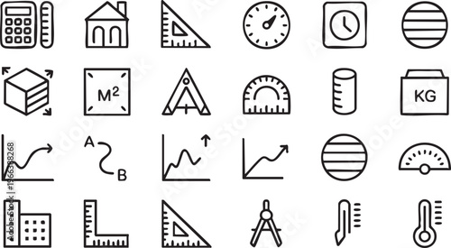 Math and Engineering Line Icons for Measurement and Technical Design