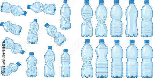 Collection of Crumpled Plastic Water Bottles in Various Poses for Recycling and Environmental Designs