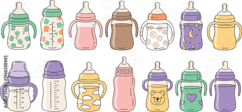 Colorful baby bottles with unique decorative designs, patterns, and symbols, playful vector illustration for childcare themes