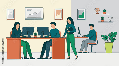 Professional people working at computers in a modern office setting