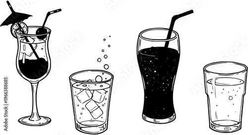 Assorted Drinks Illustration: Cocktail, Iced Soda, Cola, Water Line Art