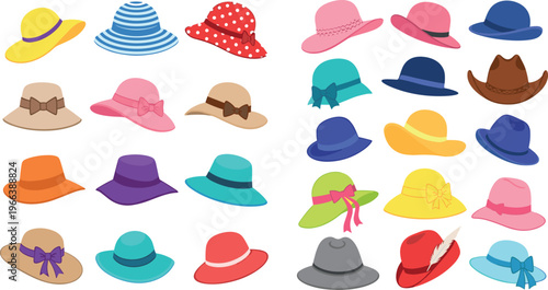 Colorful Hat Illustration Set Featuring Summer, Fashion, and Casual Styles