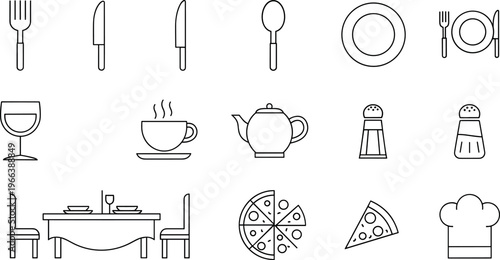 Dining and kitchen outline icon set with cutlery table pizza and teapot in minimalist line vector style