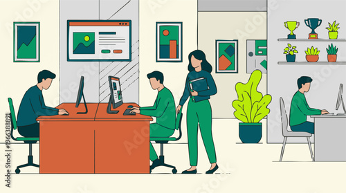 Modern office environment with people working on computers and a supervisor