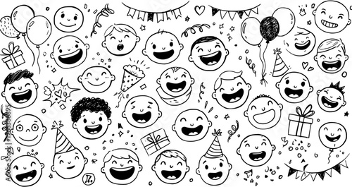 Playful Birthday Doodles: Happy Faces  Celebration Elements