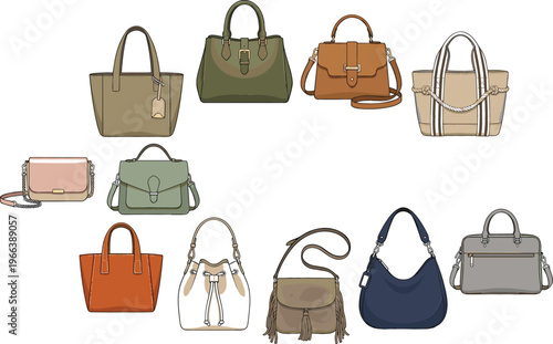Elegant Women Handbag Collection Set Featuring Modern Fashion Purses, Totes, Shoulder Bags, and Crossbody Styles in Minimal Flat Vector Illustration Design
