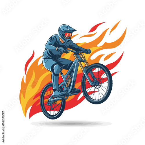 Downhill Mountain Biker Performing Wheelie with Flames Illustration