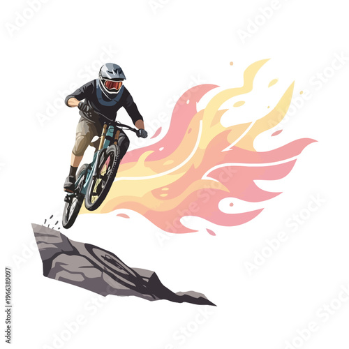 Extreme Mountain Biker Jumps Rock Cliff with Fiery Trail