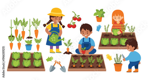 Four children are shown gardening, watering plants, harvesting carrots and cabbages, and using gardening tools in this colorful vector illustration.