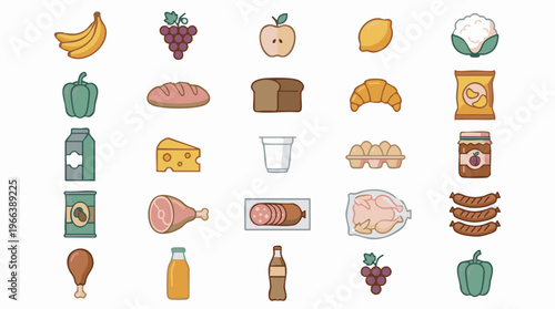 Food items collection with fruits, vegetables, dairy, meat and snacks
