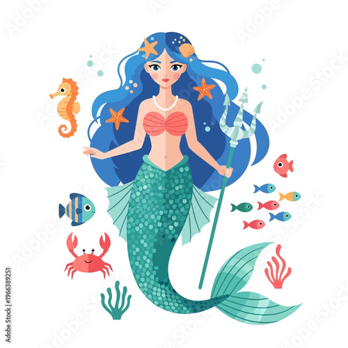 Beautiful Mermaid with Trident Surrounded by Marine Life, Underwater Fantasy Illustration