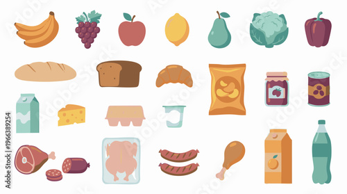 Collection of various food products and grocery items in a flat design style