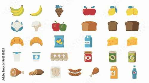 Variety of food icons set, grocery items collection on white background
