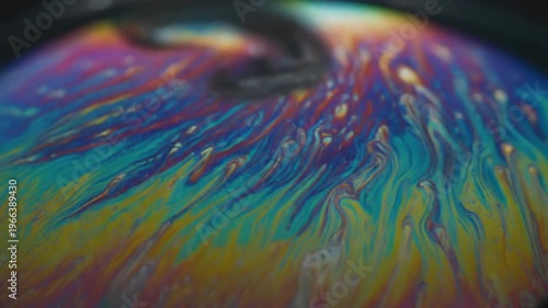 Closeup of iridescent colorful soap bubble surface with abstract patterns