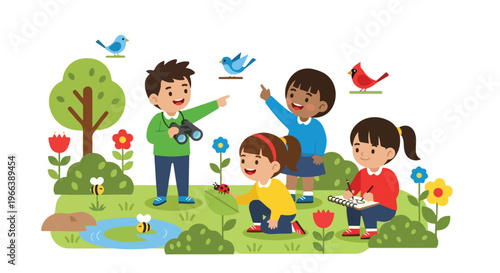 A group of diverse children enjoy an outdoor nature exploration, observing birds with binoculars, finding insects, and sketching in a garden.