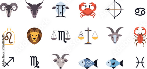 Colorful Zodiac Signs Vector Pack Including Aries, Taurus, Leo, Scorpio, Libra, Pisces, and More