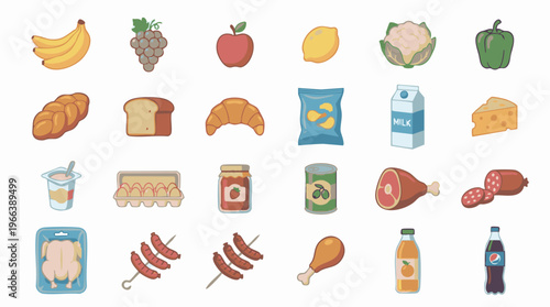 Large collection of various food and grocery items in cartoon flat design