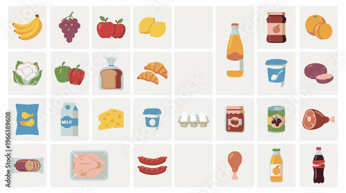 Collection of various food and drink items for grocery shopping