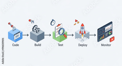 Software Development Lifecycle - Code, Build, Test, Deploy, Monitor Workflow Illustration.