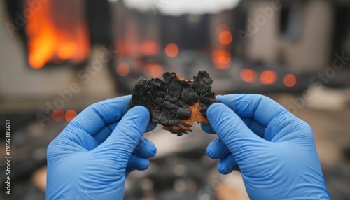 Hands in blue gloves holding a piece of charred wood against a blurred background of fire and debris, indicating an investigation into fire damage.
