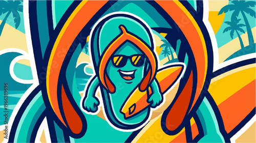 Cartoon surfer girl with orange hair.