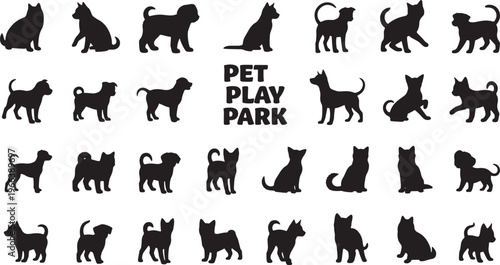 set of pet dog and cat silhouettes in pet play park flat design vector illustration