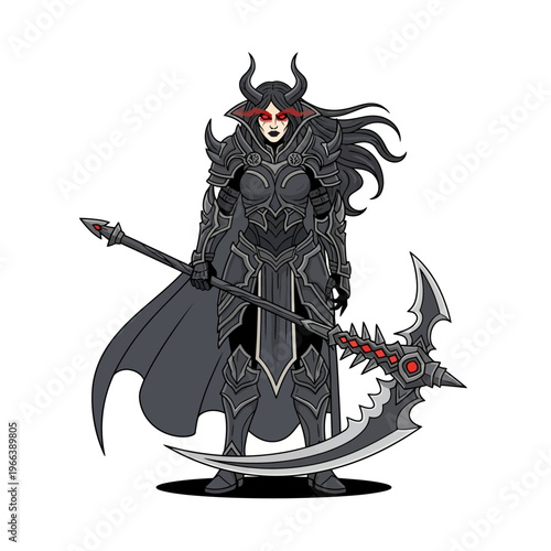 Dark Warrior Woman in Armor with Scythe, Fantasy Character Illustration