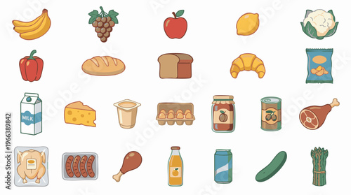 Grocery food items and fresh produce icons on white background
