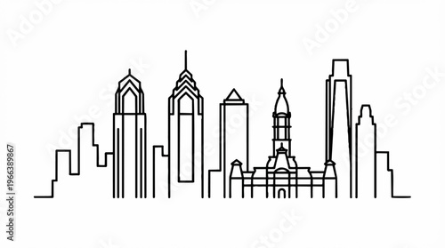 City skyline with tall buildings.