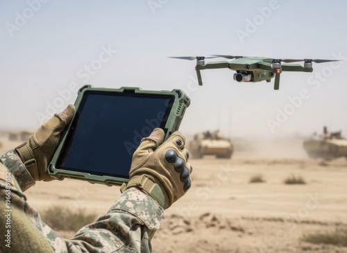 A soldier in camouflage and tactical gloves operates an olive green drone with a rugged tablet in a dusty desert, with military vehicles in the blurred background.