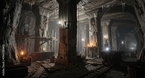 Mysterious Underground Mine Shaft with Dim Lighting and Wooden Structures.