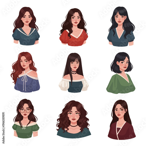 Diverse Cartoon Women Portraits: Stylized Avatars with Varied Hairstyles and Outfits