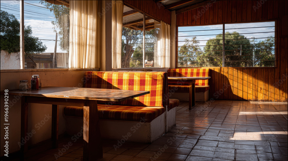 Fototapeta premium Interior view of a cozy dining area with warm sunlight streaming through the windows