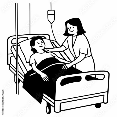 Nurse Tucking In Patient in Hospital Bed with Medical Equipment, Healthcare Concept