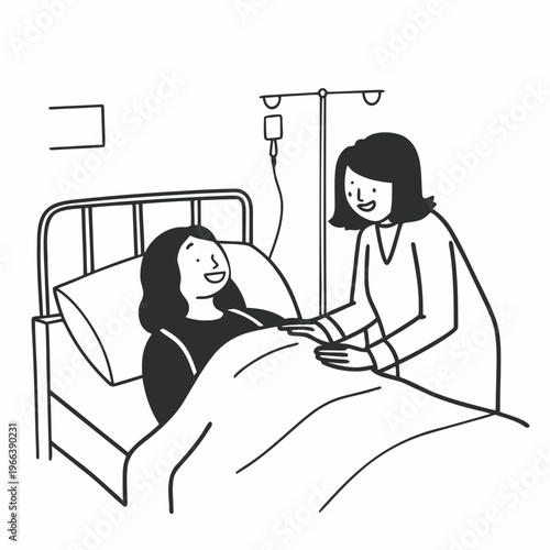 Nurse Tucking In Patient in Hospital Bed with Medical Equipment, Healthcare Concept
