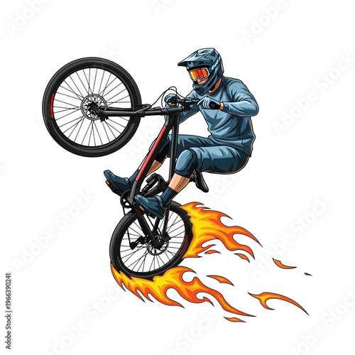 Mountain biker doing a wheelie with flames, extreme sports, downhill cycling