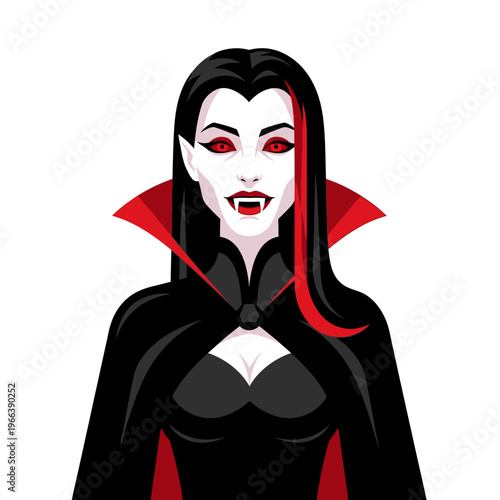 Elegant Vampire Woman Portrait, Gothic Style, Red Eyes, Black Cape, Halloween
