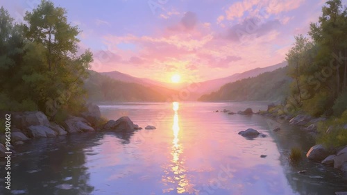 Tranquil lake scene at dawn with soft colors and reflective water