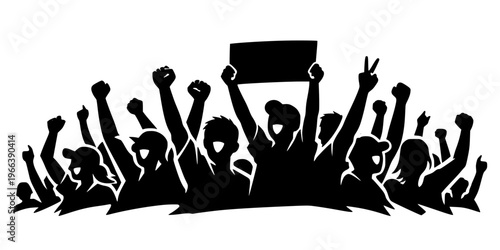 Minimalist vector silhouette of a cheering or protesting crowd with raised fists and a blank sign. This high-contrast black design represents activism, unity, and public demonstration.