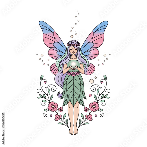 Enchanting Fairy Holding Magical Light Orb Surrounded by Flowers and Butterflies