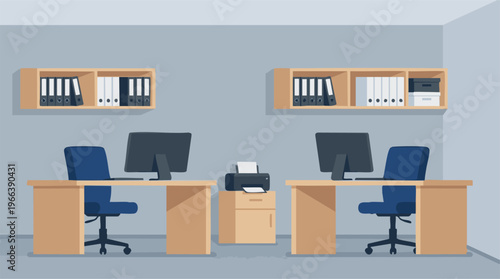 Minimalist Office Workspace Illustration with Desks, Computers and Storage