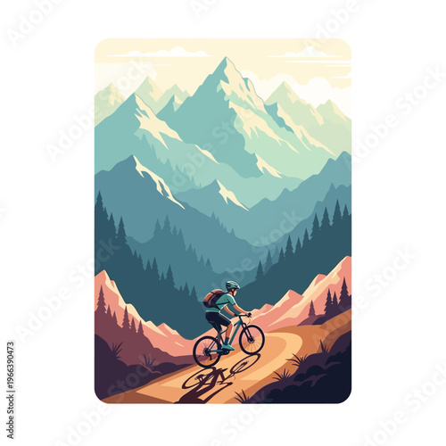 Mountain Biker on Trail with Majestic Peaks and Forest Landscape