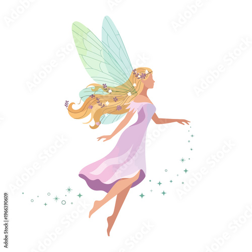 Enchanting Fairy with Translucent Wings, Flowing Blonde Hair, and Glistening Stardust Trail