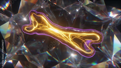 Abstract purple and orange glowing organism floating among sparkling diamonds