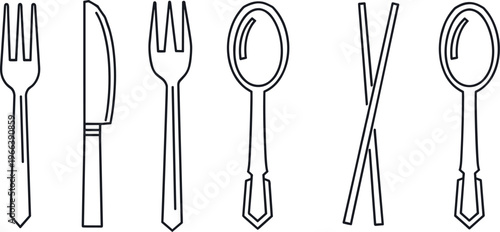 Cutlery outline icon set with fork knife spoon and chopsticks in minimalist line vector style