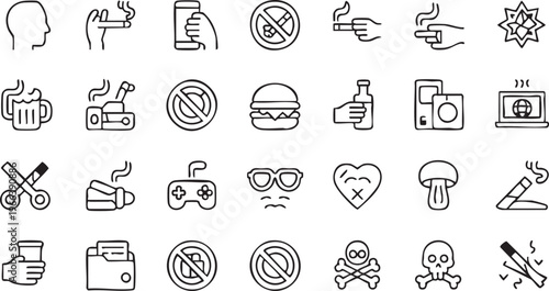 Cigarette Ban And Health Risk Line Icons Collection For Awareness Campaigns