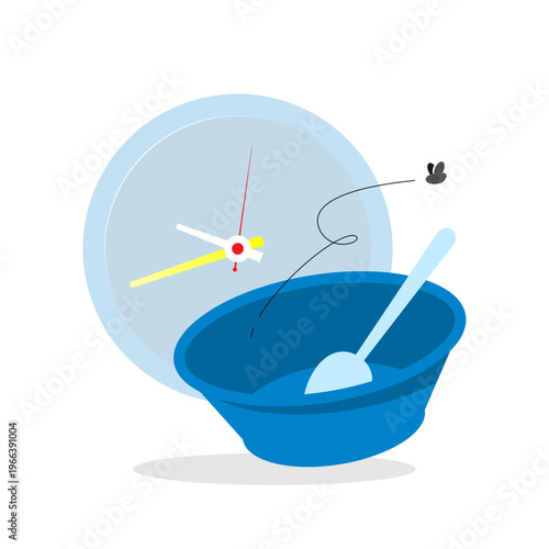 vector illustration empty bowl with clock. fasting, intermittent fasting, meal timing, time restricted eating. Concept for diet control, health lifestyle, detox, hunger management, nutrition schedule