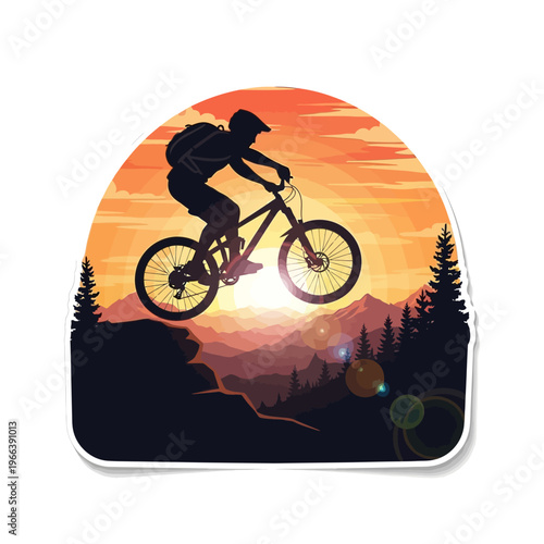 Mountain biker silhouette jumping at sunset over a scenic mountain landscape